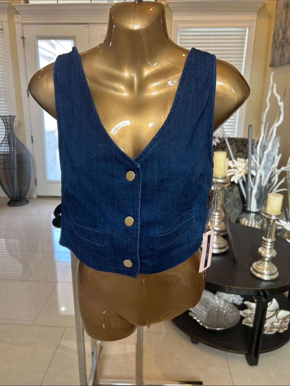 Women’s Dark Blue Denim Button-Front Tank Vest